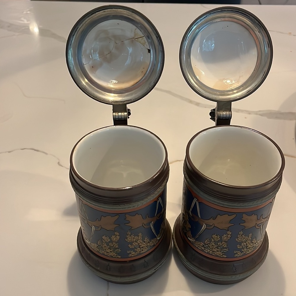 Vintage Mettlach German Beer Steins w/ lid matching 2pc set skull & cross - Picture 4 of 9